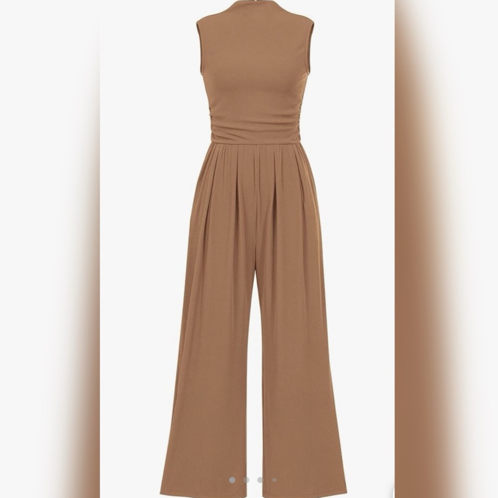 Summer Jumpsuit Dressy Casual One Piece  Sleeveless Mock Neck Wide Leg Pants
